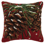 Snowy Pinecones on Burgundy Red Christmas Hooked Throw Pillow 18" Square