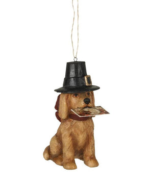 Bethany Lowe 3.5" Thanksgiving Pilgrim Hat Dog with Card Mini Ornament