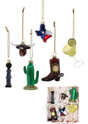 Cody Foster Mini State of Texas Cactus Margarita Boot Steer Christmas Ornament Set of 6