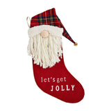 Let's Get Jolly Gnome Shaped 22" Red Tartan Plaid Christmas Stocking