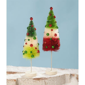 9.5" and 11" Tricolor Red Green and White Bottle Brush Christmas Tree Set