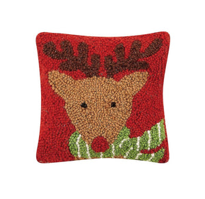 Reindeer with Scarf on Red Background 8" Sq Christmas Accent Pillow