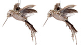 8" Brown Velvet Glitter Sequin Woodland Hummingbird Ornament Set of 2