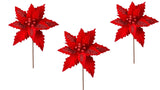 Red Velvet Sequin Accent Silk Flower 24" Poinsettia Christmas Stem Set of 3