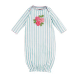 Mud Pie Kids Pink Crochet Rose Flowers on Blue Stripe Baby Girls Infant Gown