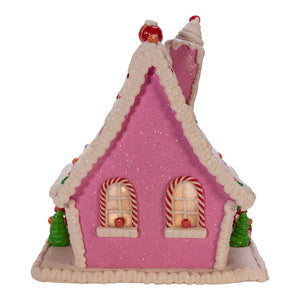10" Pink Claydough Gingerbread Village House with Light Christmas Figure