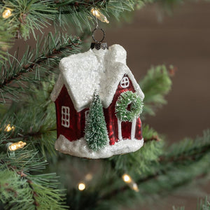 Ragon House Red Aged Mercury Glass Christmas Village Putz House Ornament with Wreath Red