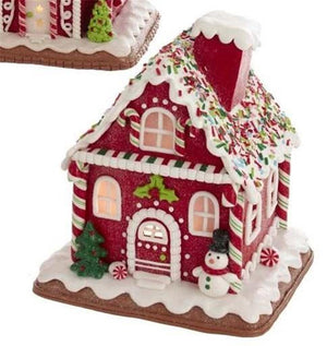 7" LED Lighted Gingerbread Polyclay Christmas Red Cookie Snowman Village House