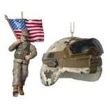 Kurt Adler US Marines Military Combat Helmet and Soldier with Flag Ornament Set of 2