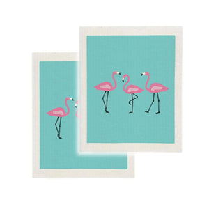Cotton Sponge Cloth Kitchen Clean Up Summer Flamingo Print, Set of 2
