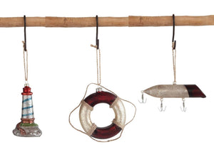 Nautical Christmas Ornaments, Life Ring, Fishing Lure, & Lighthouse, Mercury Glass