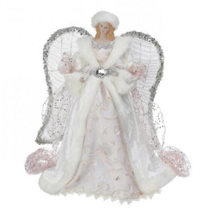 16" Tall Angel in White Dress with Rhinestone Muff Christmas Tree Topper
