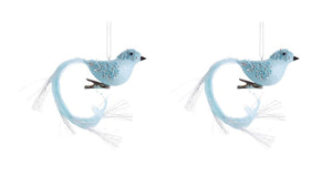 6" Light Blue Silver Bird with Long Tail Clip-On Ornament Set of 2