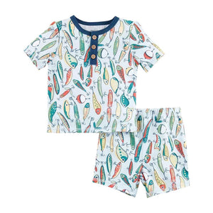 Mud Pie Kids Boys Fish Fishing Lure Print Summer Pajamas PJ 2 Pc Shorts Set