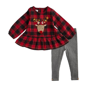 Buffalo Check Reindeer Applique Tunic Top and Legging 2 Pc Christmas Set