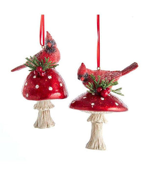 Cardinal Bird on Toadstool Mushroom Cap Christmas Ornament Set of 2