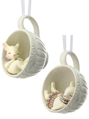 4" White Mouse with Gingerbread Sleeping in Tea Cup Christmas Ornament Set of 2
