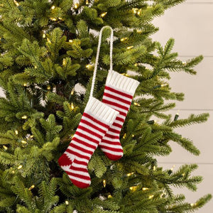 Ragon House 8" Red and White Stripe Knit Christmas Stocking Pair on String Ornament