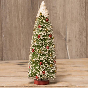 Ragon House 12" Snow Topped Bottle Brush Christmas Tree with Red Gold Balls