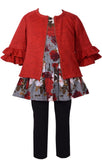 Bonnie Jean 3 Piece Floral Printed Challis Dress with Red Ruffled Sweater and Black Pants Set