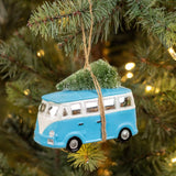 Ragon House Retro VW Bus Blue Christmas Glass Ornament with Bottle Brush Tree Blue