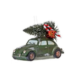 5" Retro Green VW Bug Car Christmas Ornament with Bottle Brush Tree