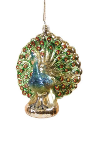 Cody Foster Peacock Fanning Colorful Feathers Display Glass Christmas Ornament