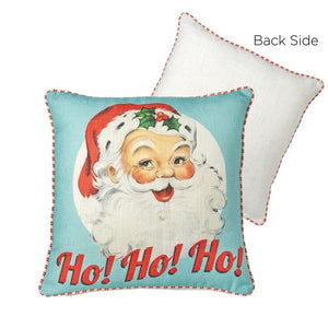 18" HO HO HO Retro Mid Century Santa Printed Christmas Throw Pillow Blue Red