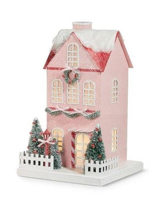 RAZ 12" Lighted Pink with Candy Cane Trim and Garland Christmas Village House