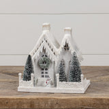 Ragon House Snowy Winter Christmas Village Church with Red Roof Steeple House