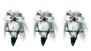 Soft Plush Feather Black White Zebra Owl on Branch Christmas Ornament Set of 3