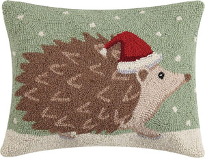 Woodland Hedgehog Christmas Santa Hat Hooked Wool Throw Pillow 14" X 18"