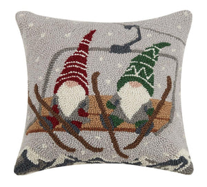 Holiday Gnome Elves on Ski Lift Christmas Hooked Throw Pillow 16" Square