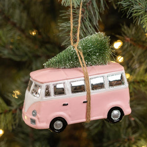 Ragon House Retro VW Bus Pink Christmas Glass Ornament with Bottle Brush Tree Pink