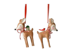 Mid West Sweet Deer with Cardinal Bird and Gifts Christmas Ornament Set of 2