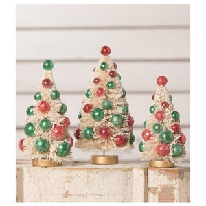 Bethany Lowe Designs LC0692 White Bottle Brush Trees w/ Red & Green Beads S/3