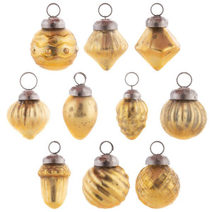 Mini 1" Tall Mercury Glass Christmas Ornament Set of 10 Styles Gold Color