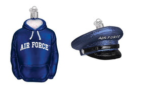 Old World Christmas USA Military Air Force Hoodie and Hat Cap Glass Christmas Ornament Set
