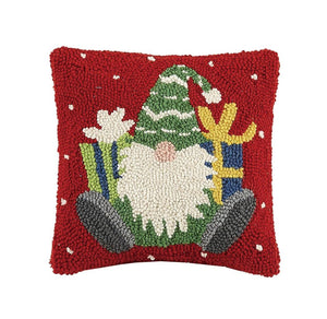 Gnome With Presents Red 10" Square Christmas Hooked Throw Pillow