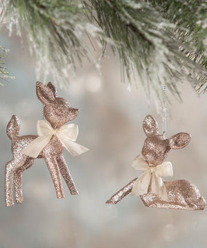 Glittered Baby Deer Fawn Ornament Pastel Pink Rose Gold Set of 2