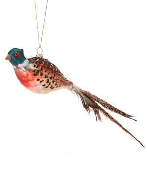 13" Pheasant Fowl with Feather Tail Glass Christmas Ornament