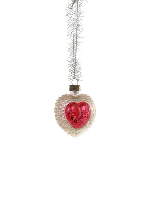 Cody Foster Red Silver Victorian Heart with Tinsel Hanger Glass Ornament