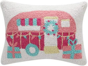 RV Holiday Camper Pink Christmas Hooked Wool Decor Pillow 12" X 16"