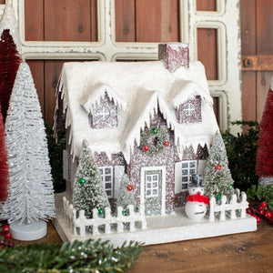 Ragon House Snowy Deep Red Winter Cottage Christmas Village Putz House with Snowman