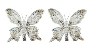 5" Glitter White and Silver Butterfly Clip-On Christmas Ornament Set of 2