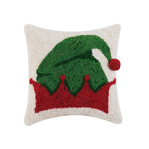 Santa's Elf Hat with Pom Pom 10" Sq Christmas Hooked Wool Mini Accent Pillow