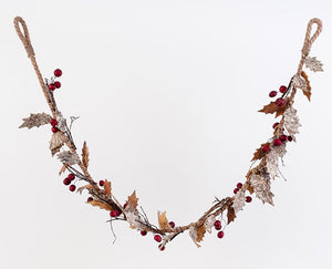 Nature's Berry Autumn Floral Garland Fall Birch Bark Leaves Red Berries, 60" Long