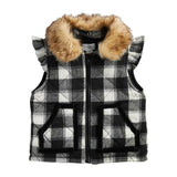 Black and White Buffalo Check Girls Quilted Vest with Faux Fur Trim