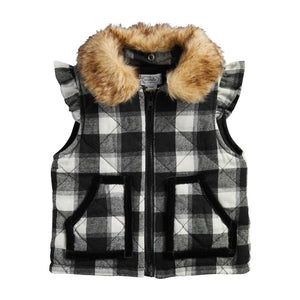 Black and White Buffalo Check Girls Quilted Vest with Faux Fur Trim