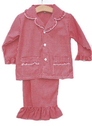 Red and White Gingham Girls 2 Pc Christmas Pajamas Lightweight Fabric